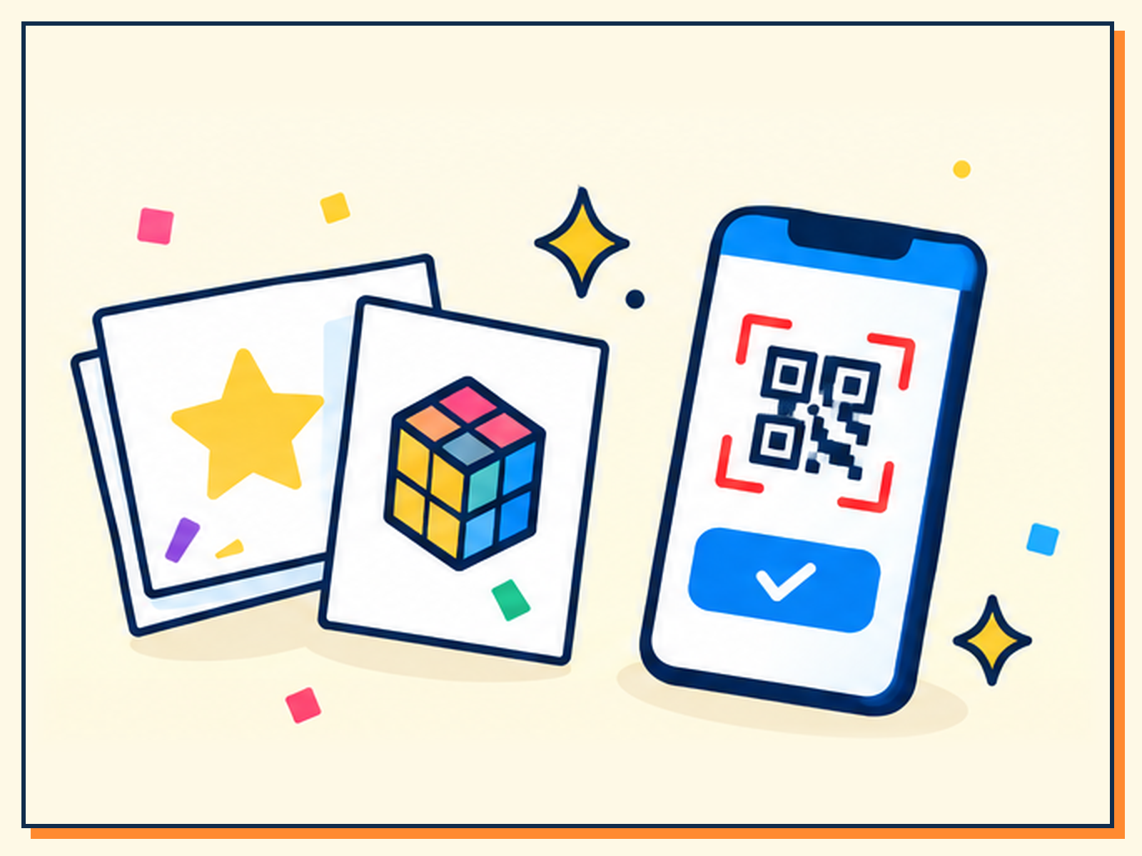 종이 키트와 스마트폰 QR 스캔을 연결하는 일러스트